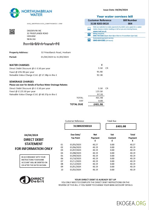 Modèle de facture de services publics de Northumbrian Water pour le Royaume Uni aux formats Word et PDF, version 2